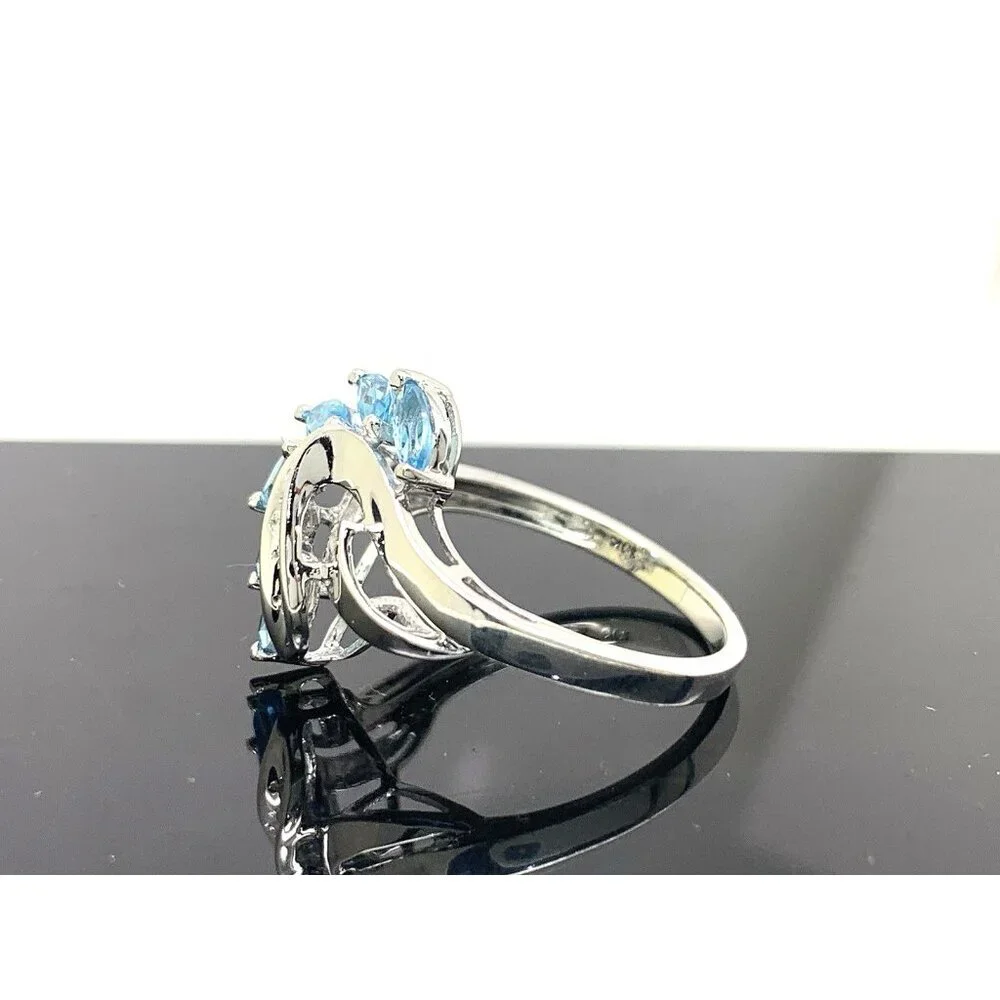 Blue Gemstone Diamond Cocktail Ring 10k White Gold Estate Jewelry Women's Size 7